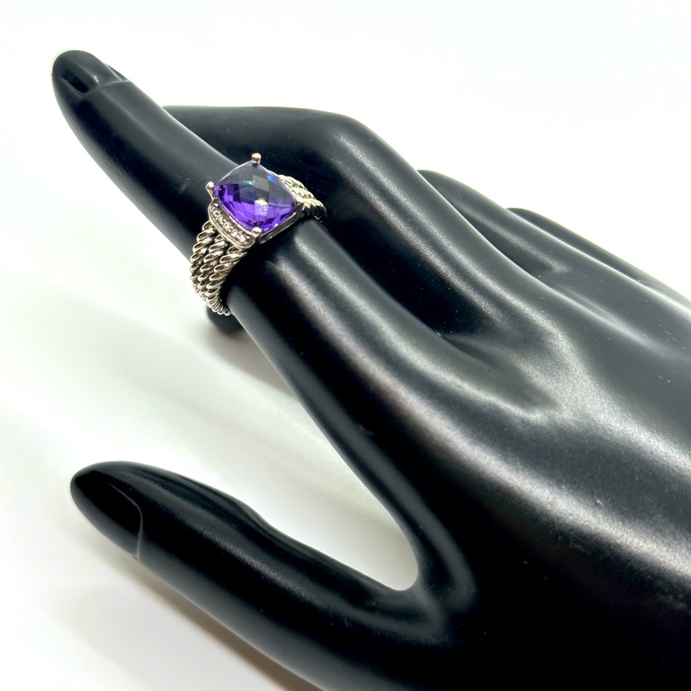 DAVID YURMAN Sterling Silver Petite Amethyst & Diamond Wheaton Ring Size 7